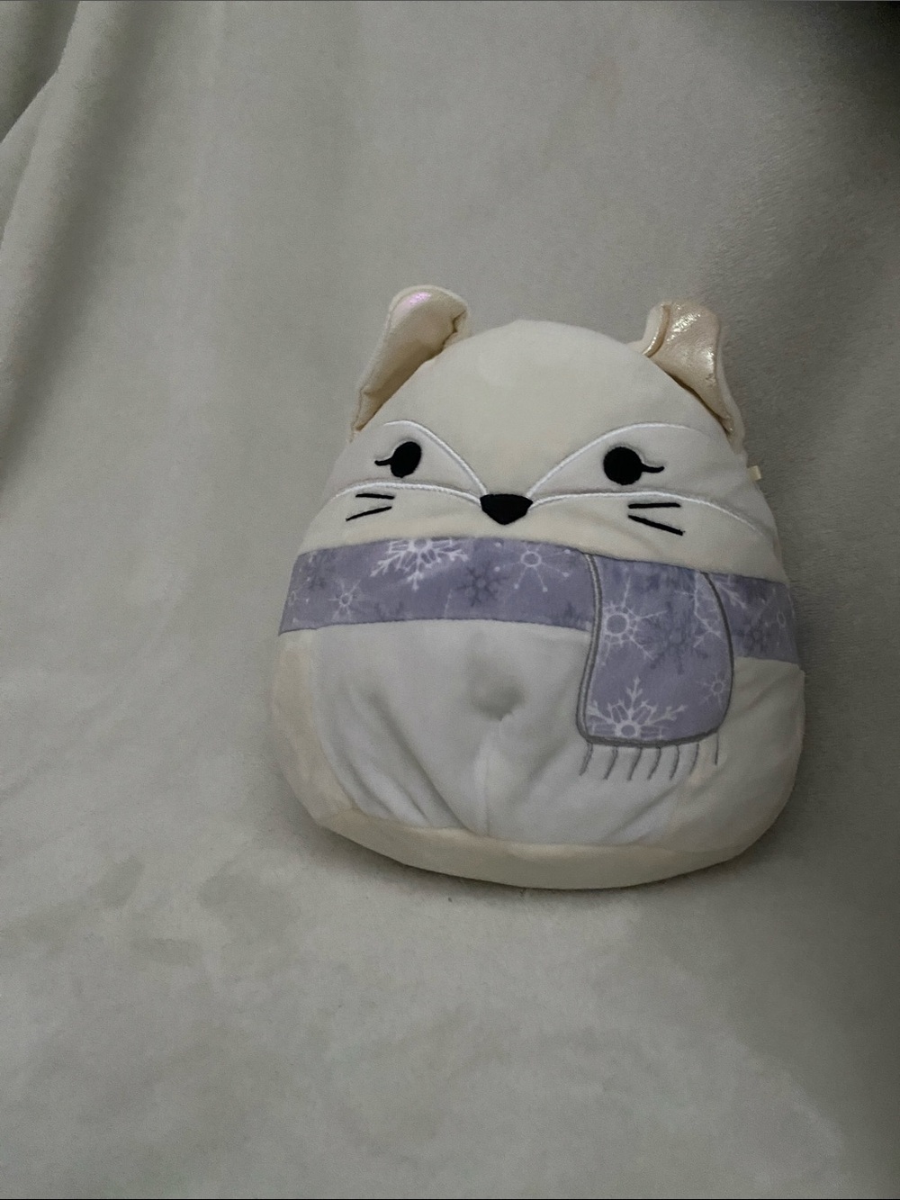 Squishmallows Cream Cat Pillow with Lavender Snowflake Scarf